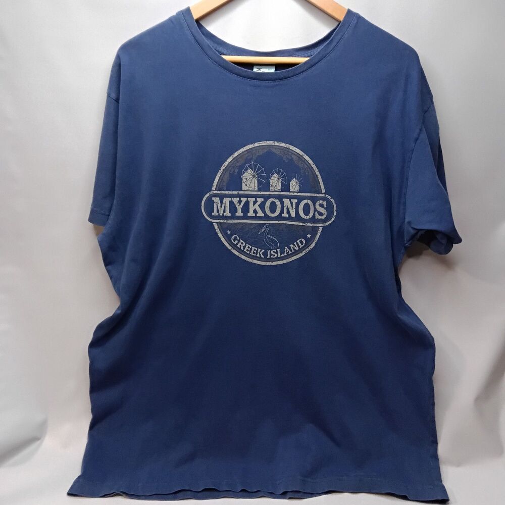 Zoe Mykonos T-Shirt Men's Size XL Blue Greek Island Windmills Design EUC